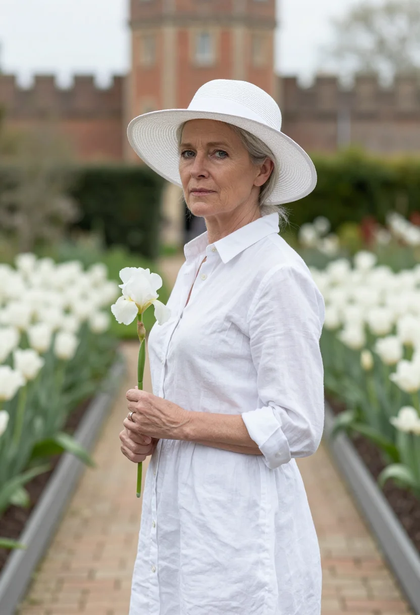 AI vita sackville west sissinghurst white garden may sample — portrait of a woman, framed chest-up from the ribs, the body