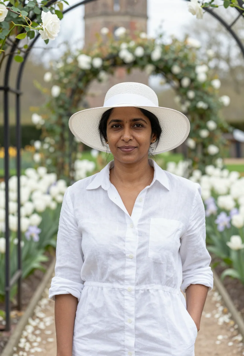 AI vita sackville west sissinghurst white garden may sample — portrait of a woman, framed chest-up from the ribs, the body