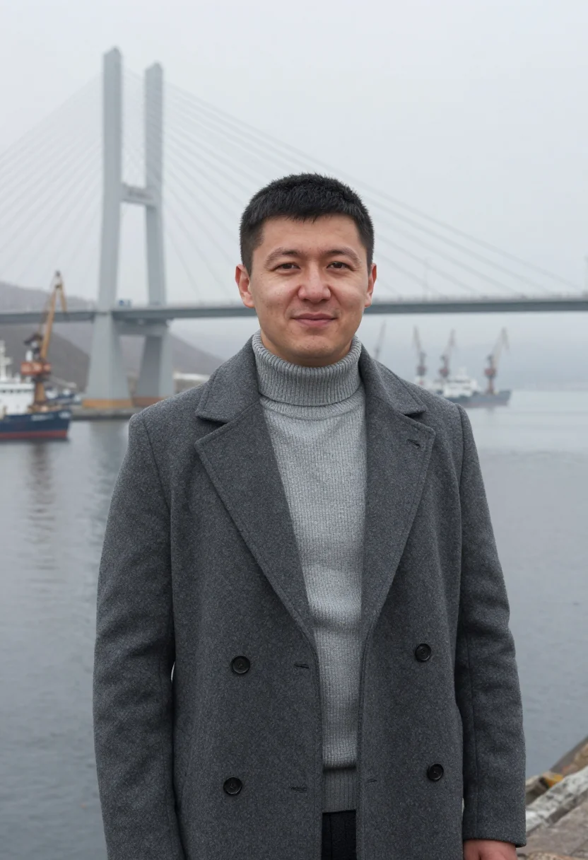 AI vladivostok port engineer steel fog sample — portrait of a man, a Buryat port engineer in his early forti