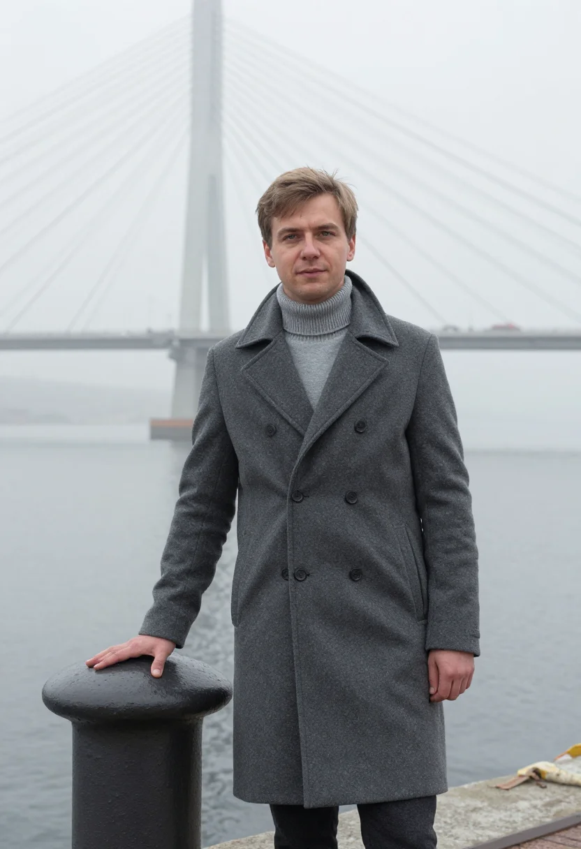 AI vladivostok port engineer steel fog sample — portrait of a man, a Western European port engineer in his l