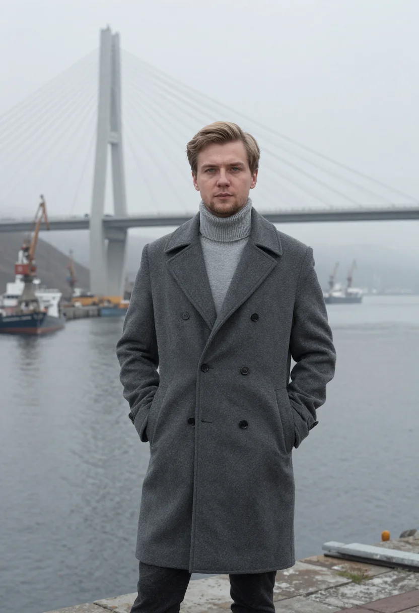 AI vladivostok port engineer steel fog sample — portrait of a man, a Russian port engineer in his late twent