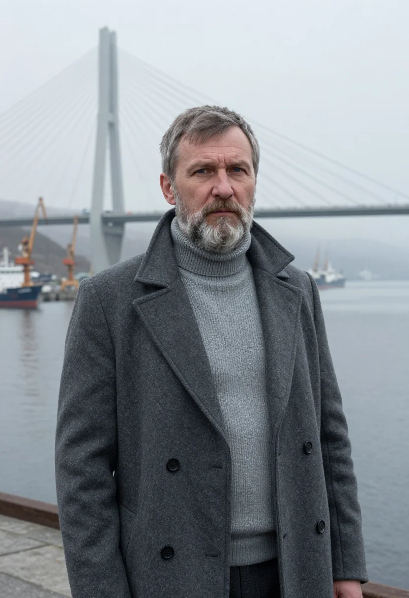 AI vladivostok port engineer steel fog sample — portrait of a man, a Russian port engineer in his early fift