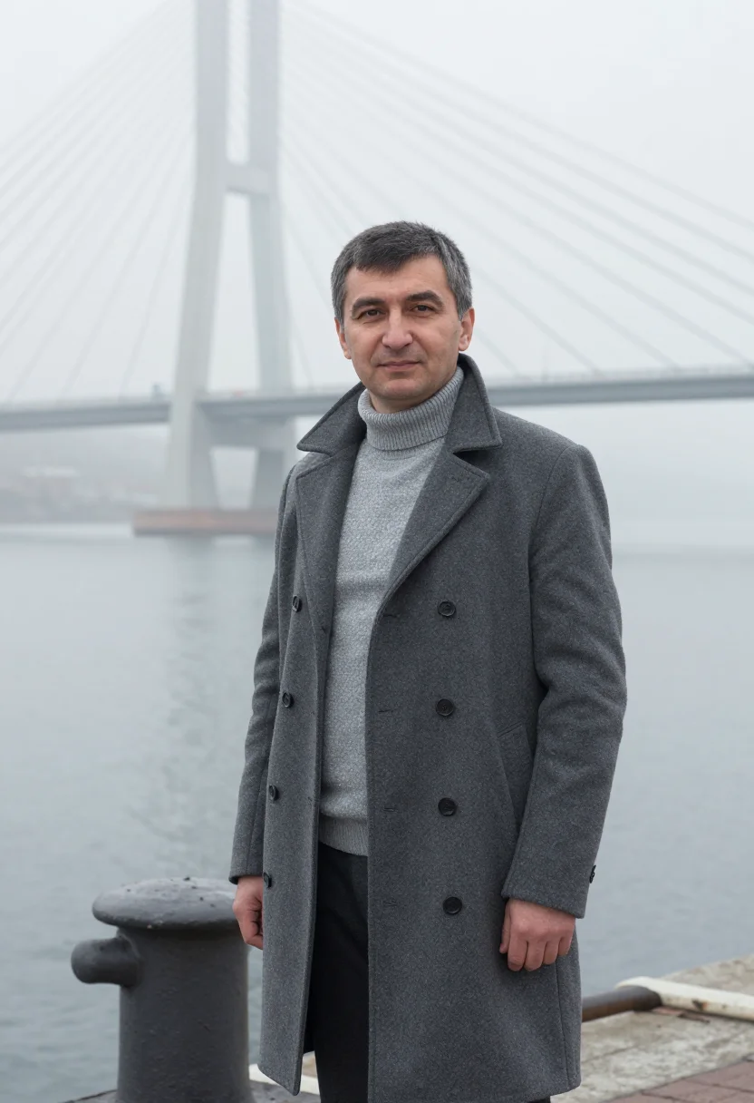 AI vladivostok port engineer steel fog sample — portrait of a man, a Tatar port engineer in his late forties