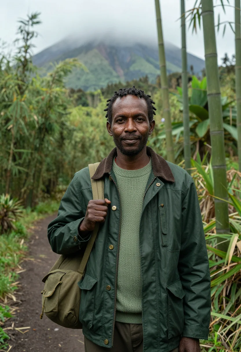 AI volcanoes primatologist bamboo mist green sample — portrait of a man, a primatologist in his late thirties of K