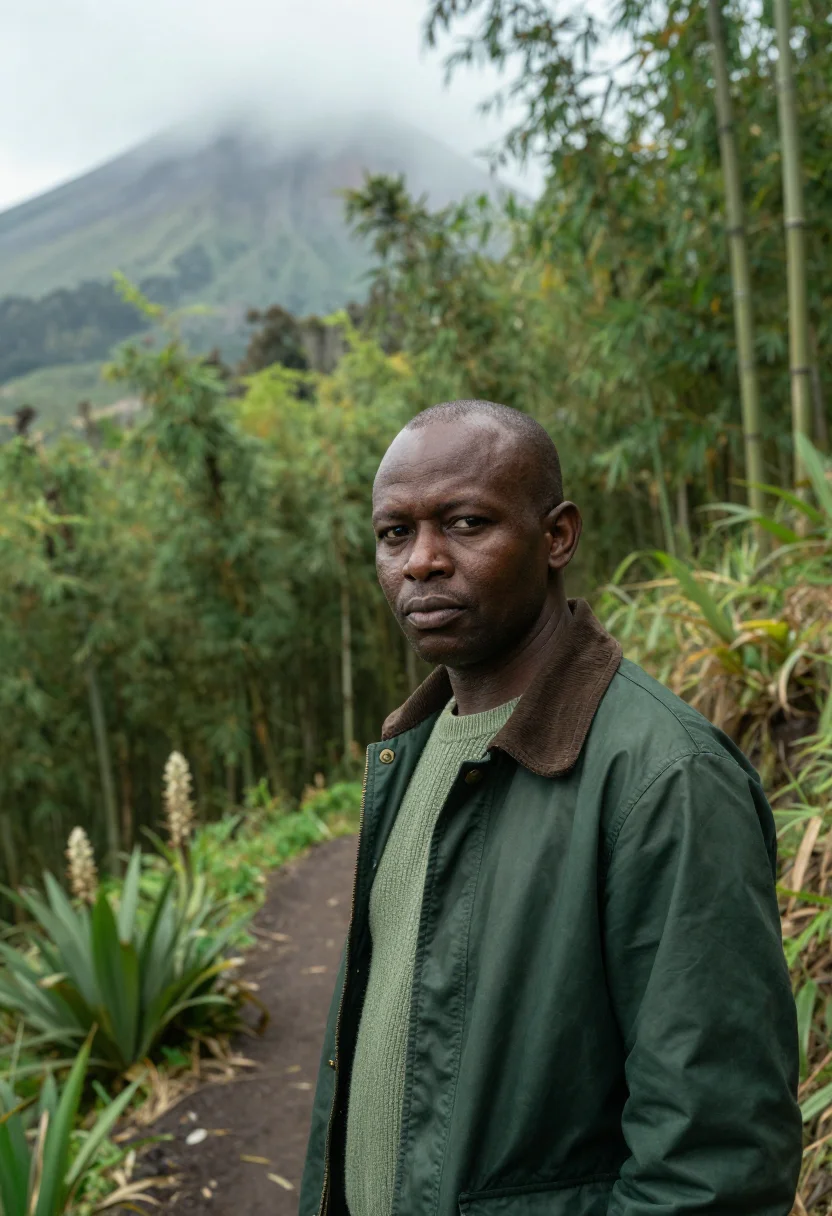 AI volcanoes primatologist bamboo mist green sample — portrait of a man, a primatologist in his early forties of B