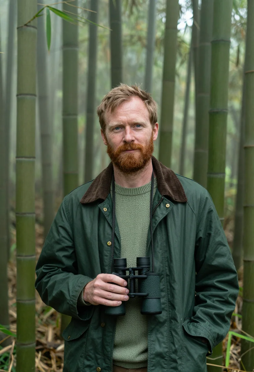 AI volcanoes primatologist bamboo mist green sample — portrait of a man, a primatologist in his mid-forties of Sco