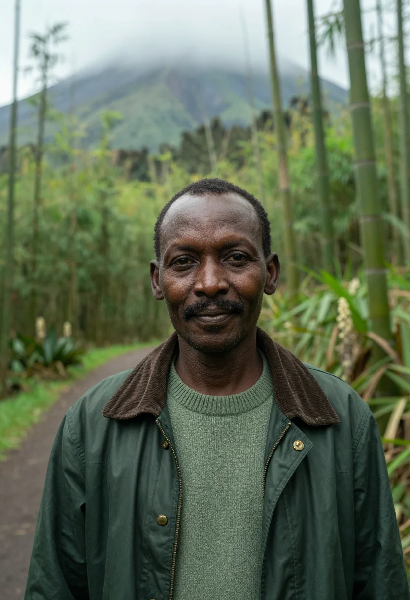 AI volcanoes primatologist bamboo mist green sample — portrait of a man, a primatologist in his mid-forties of Rwa