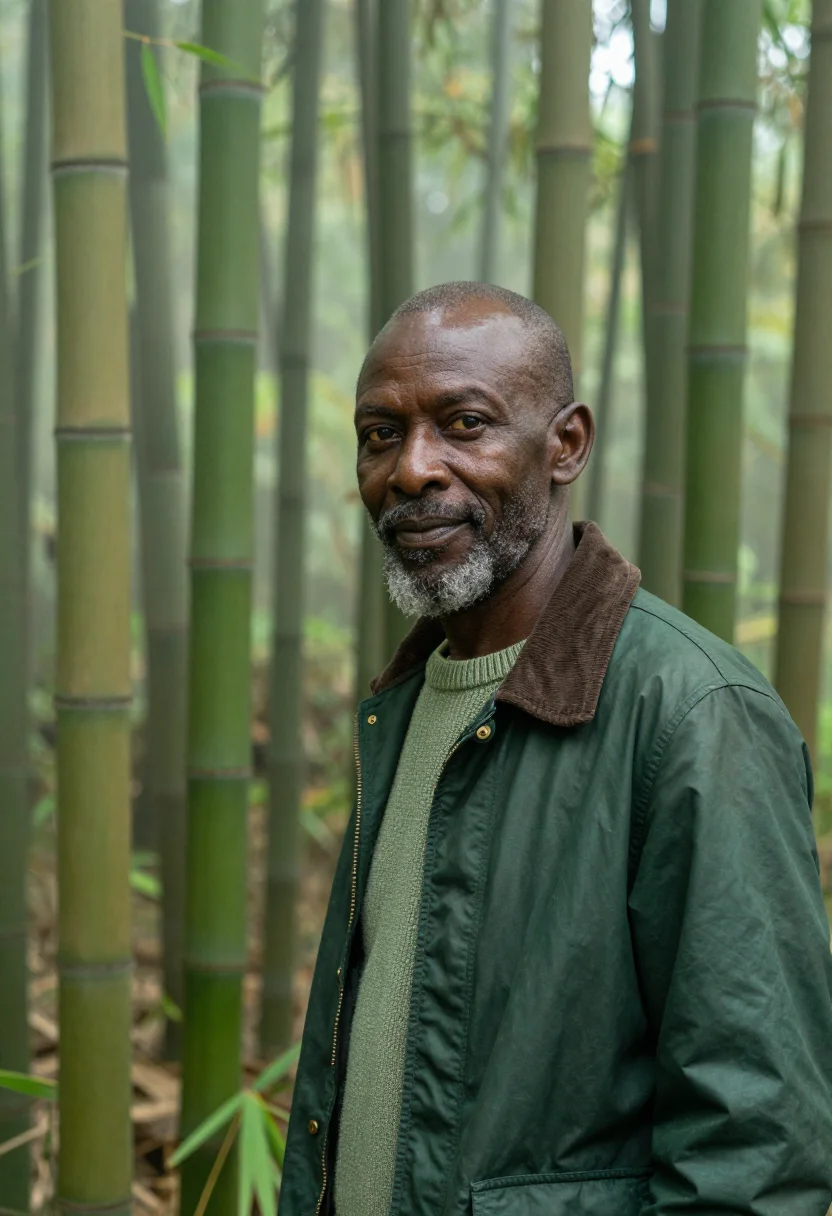AI volcanoes primatologist bamboo mist green sample — portrait of a man, a primatologist in his early fifties of C