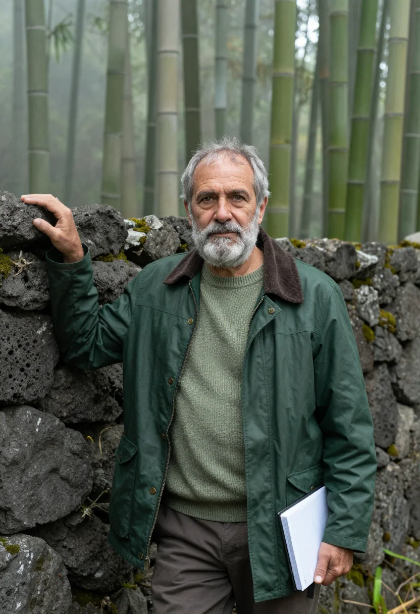 AI volcanoes primatologist bamboo mist green sample — portrait of a man, a primatologist in his late fifties of Fr