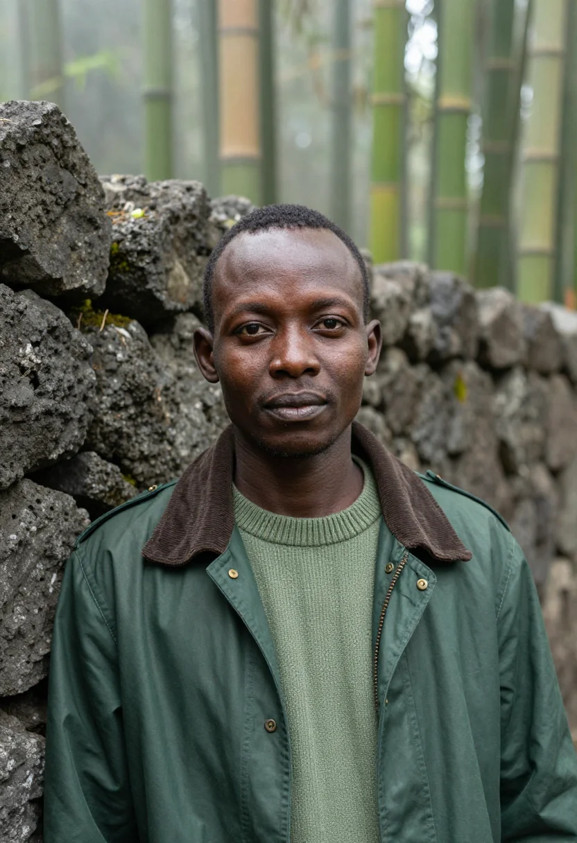 AI volcanoes primatologist bamboo mist green sample — portrait of a man, a primatologist in his early thirties of