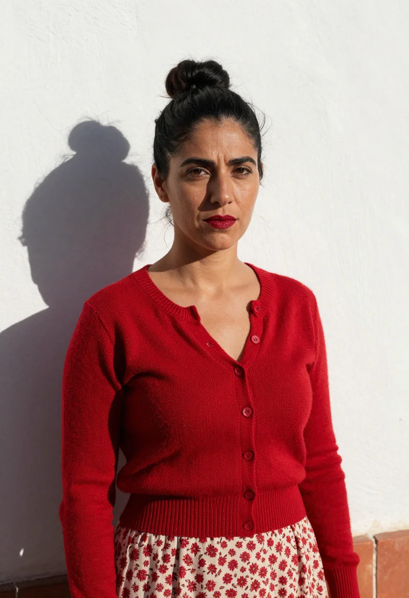 AI volver la mancha red cardigan sample — portrait of a woman, a Spanish woman aged about thirty-two w