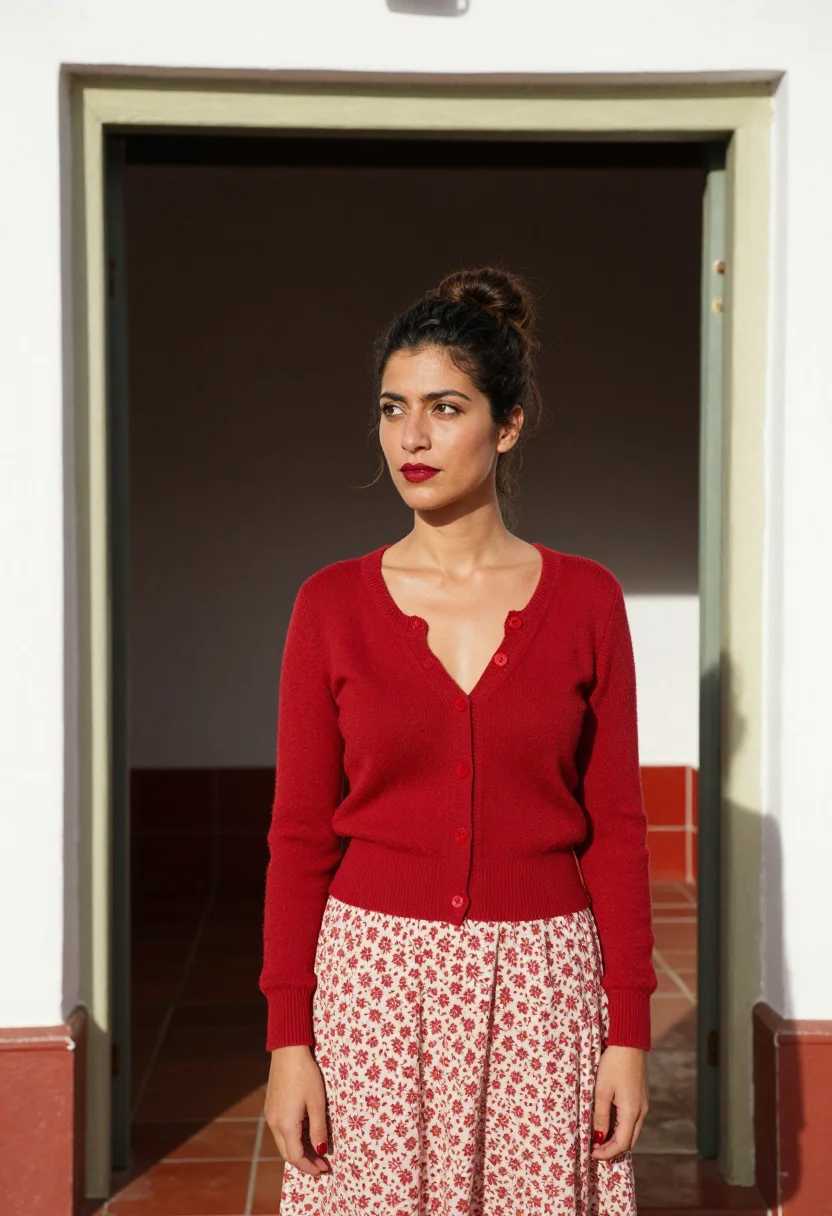 AI volver la mancha red cardigan sample — portrait of a woman, a Portuguese woman aged about twenty-ei