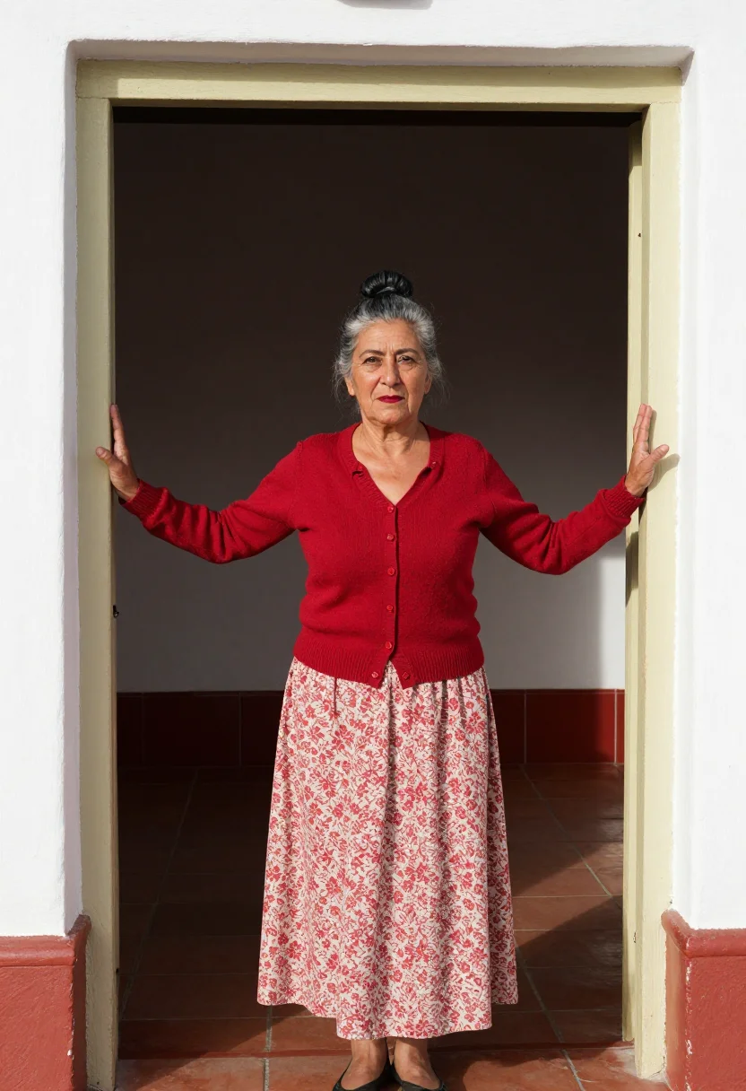 AI volver la mancha red cardigan sample — portrait of a woman, a Castilian woman aged about fifty with