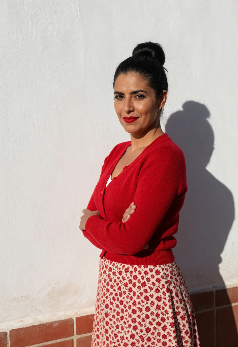 AI volver la mancha red cardigan sample — portrait of a woman, an Andalusian Roma woman aged about thi