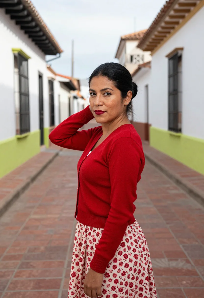 AI volver la mancha red cardigan sample — portrait of a woman, a Colombian woman aged about thirty wit