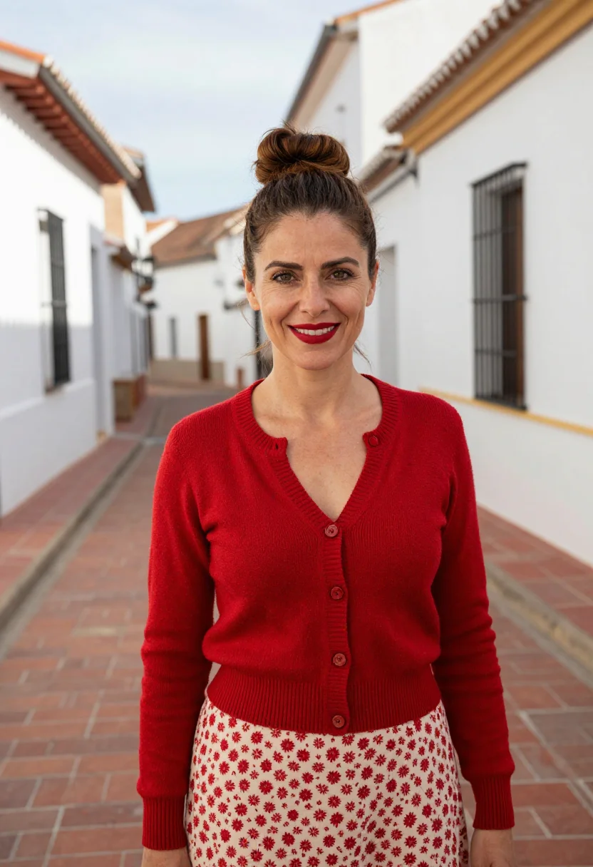 AI volver la mancha red cardigan sample — portrait of a woman, an Italian woman aged about thirty-eigh
