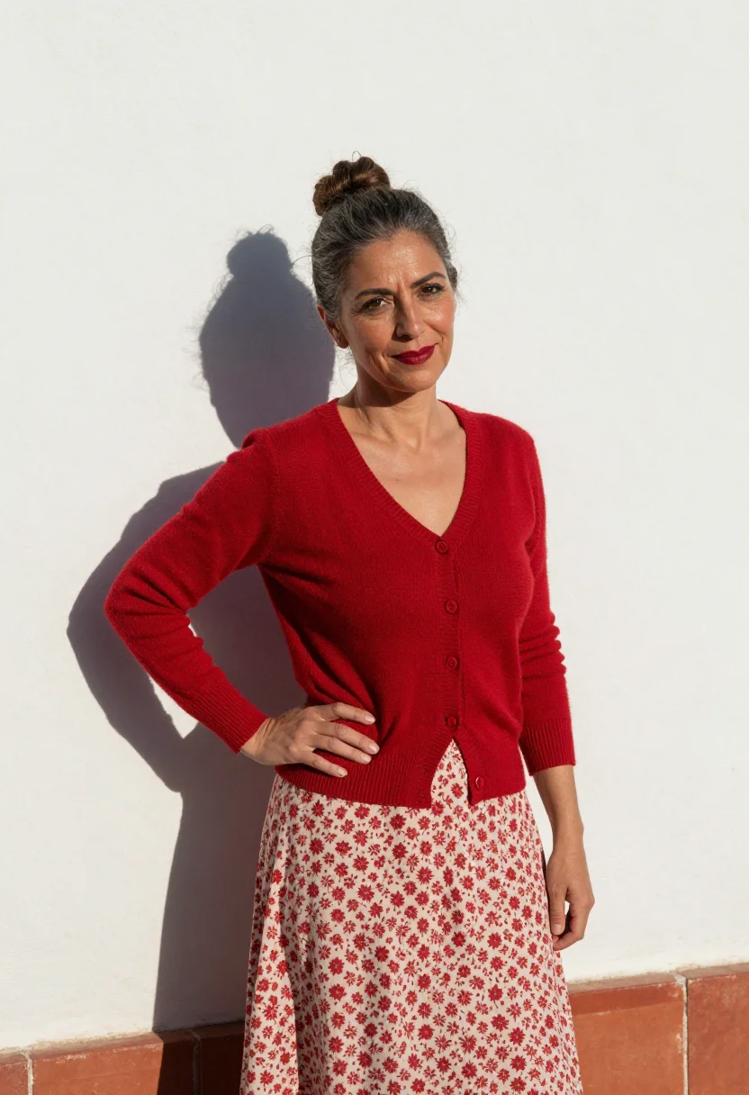 AI volver la mancha red cardigan sample — portrait of a woman, a Spanish woman aged about forty-five w