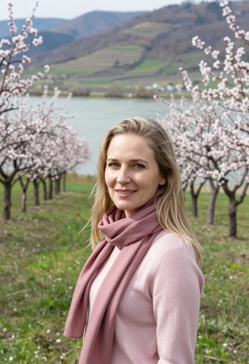 AI wachau apricot blossom april pink sample — portrait of a woman, a Czech traveller in her mid-twenties w