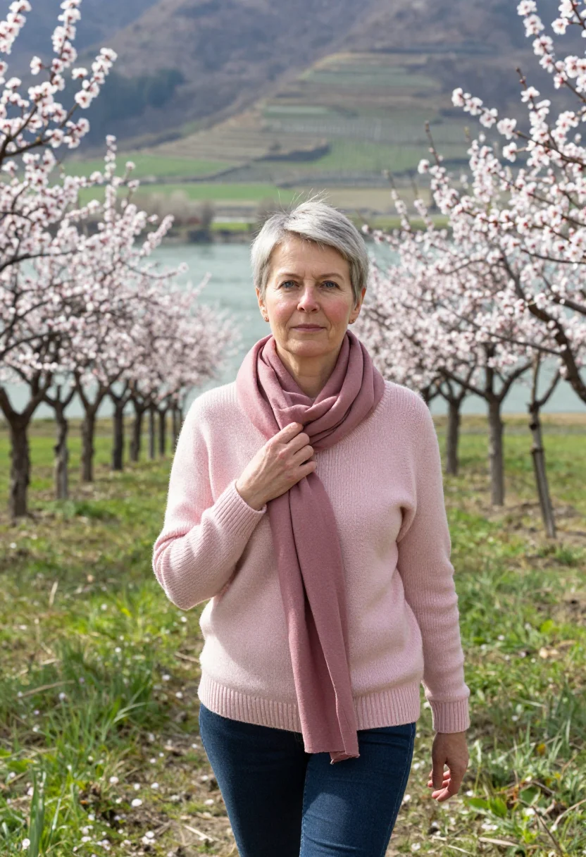 AI wachau apricot blossom april pink sample — portrait of a woman, a traveller in her late forties with ro