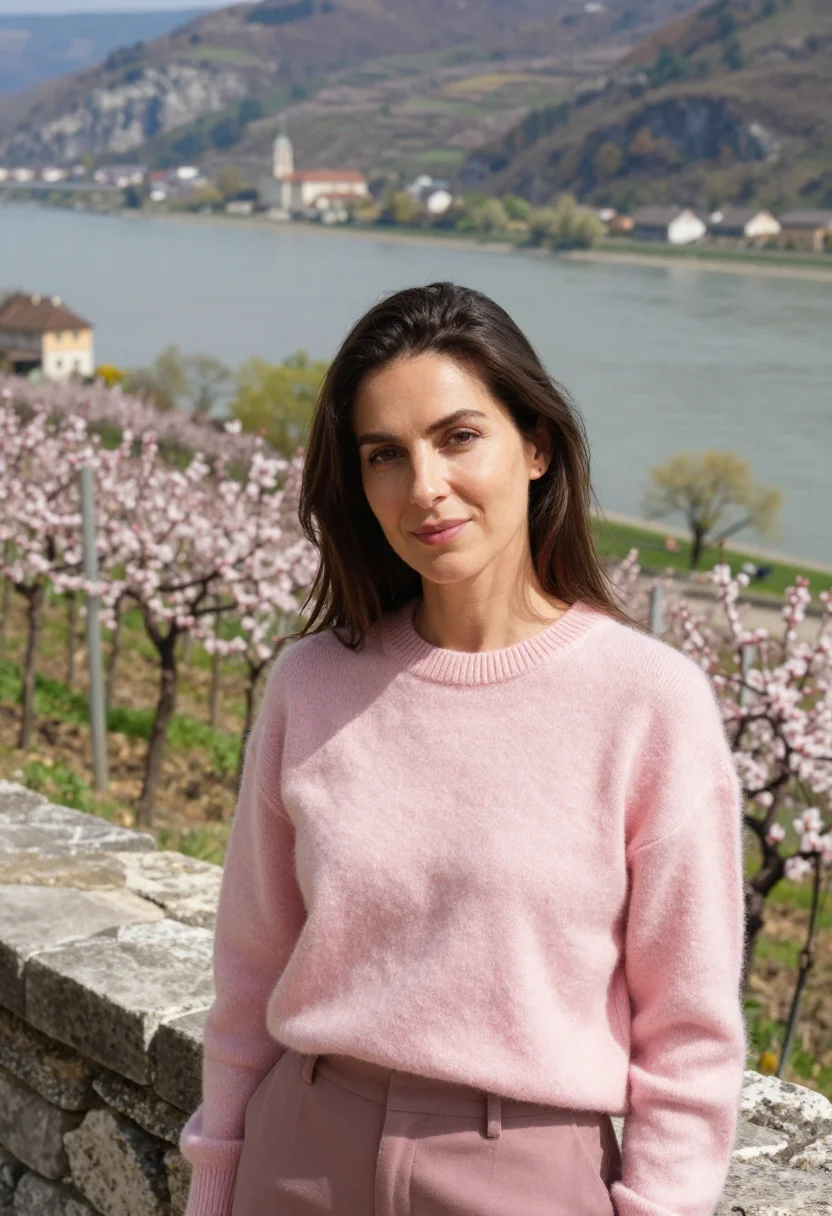 AI wachau apricot blossom april pink sample — portrait of a woman, a Croatian traveller in her early thirt