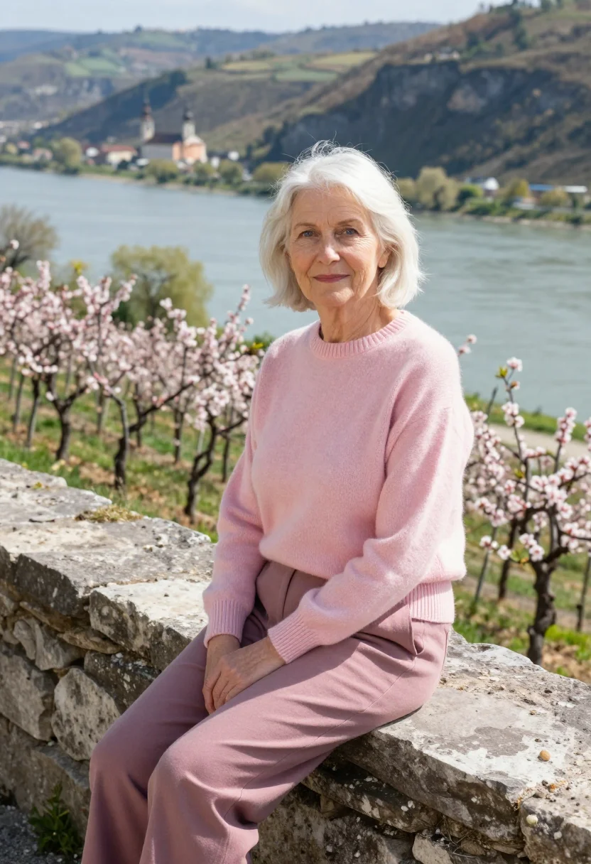 AI wachau apricot blossom april pink sample — portrait of a woman, a traveller in her early sixties with f