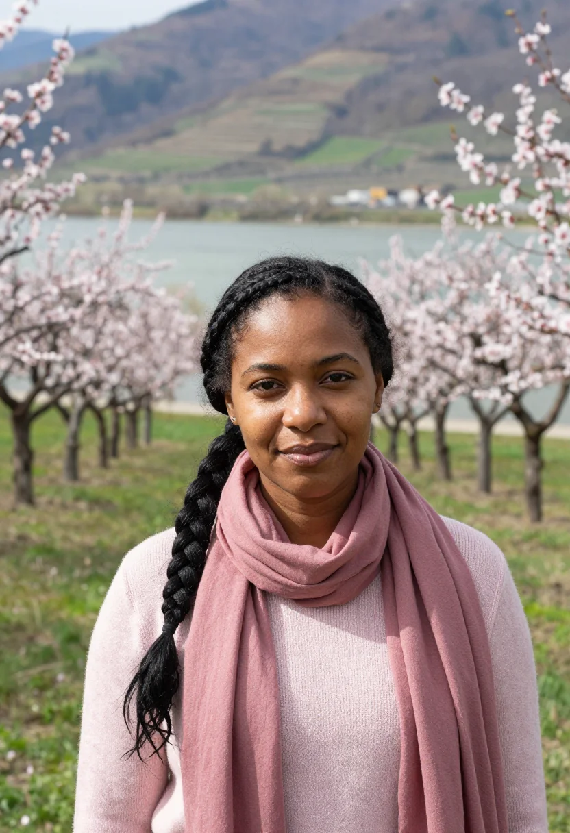 AI wachau apricot blossom april pink sample — portrait of a woman, a traveller in her early thirties with