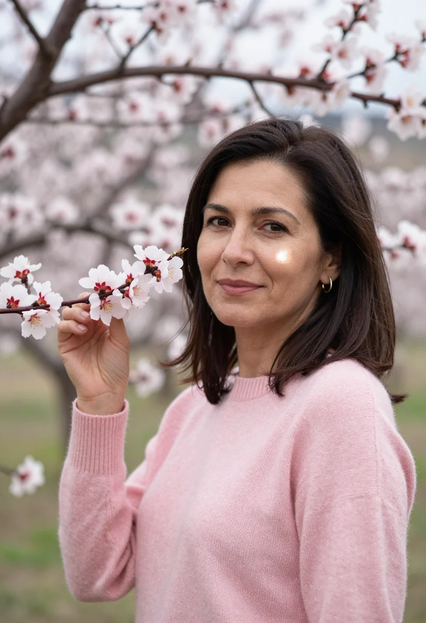 AI wachau apricot blossom april pink sample — portrait of a woman, a traveller in her mid-thirties with wa