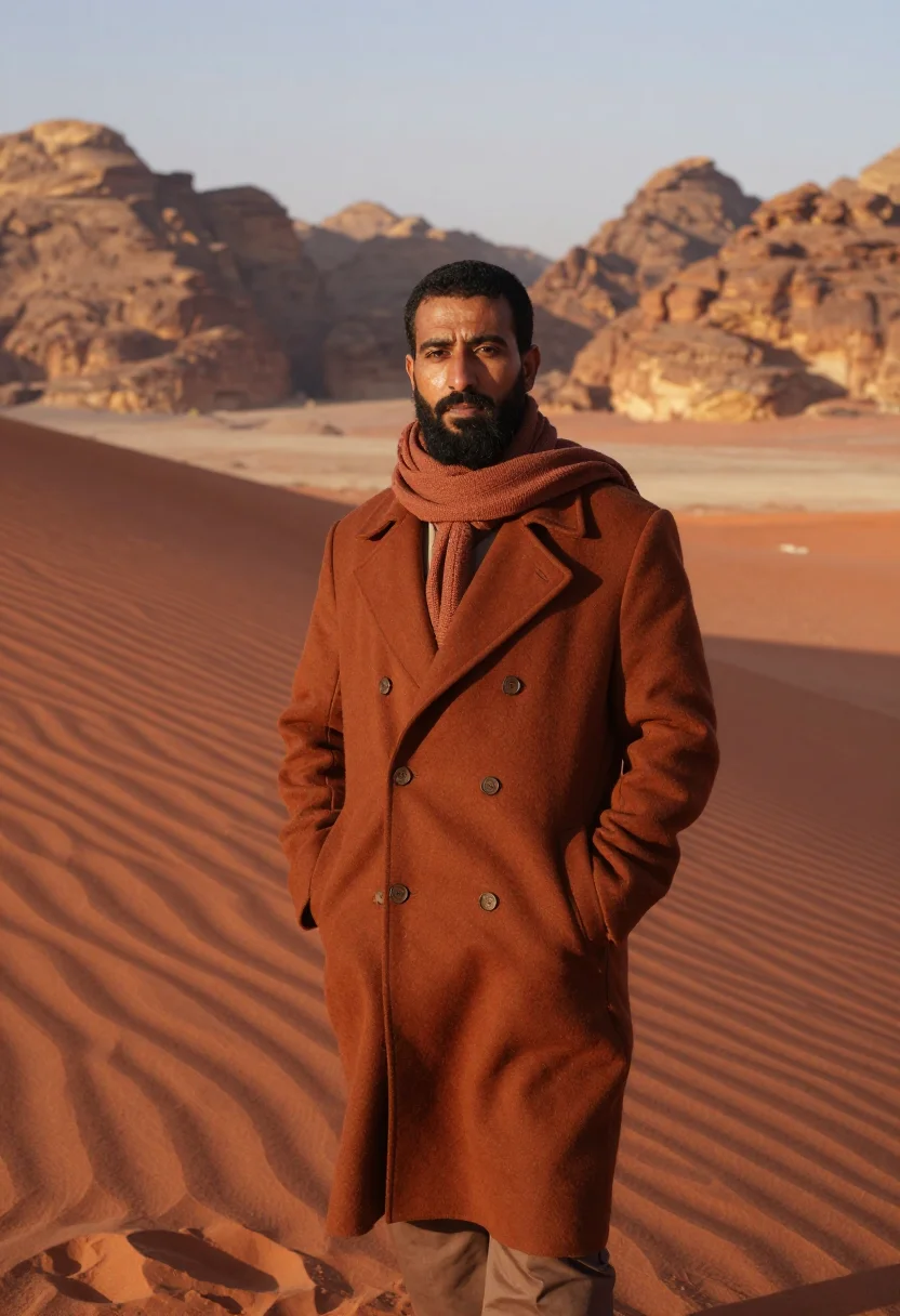 AI wadi rum january red sand sample — portrait of a man, framed three-quarter length from the knee
