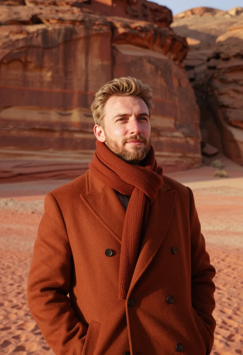 AI wadi rum january red sand sample — portrait of a man, framed chest-up, the crop at the lower ri