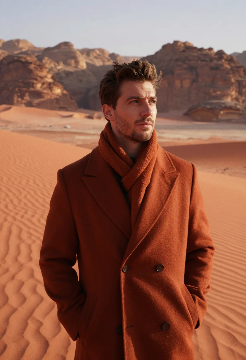 AI wadi rum january red sand sample — portrait of a man, framed chest-up, the crop at the lower ri
