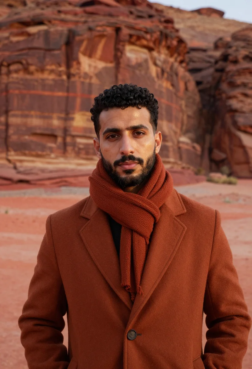 AI wadi rum january red sand sample — portrait of a man, framed tight, head and shoulders, the bod