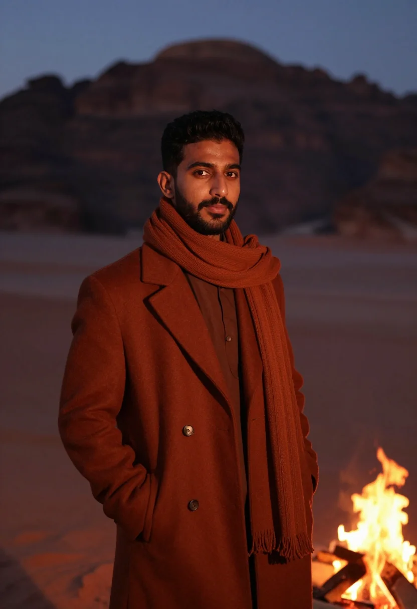 AI wadi rum january red sand sample — portrait of a man, framed chest-up, the crop at the lower ri