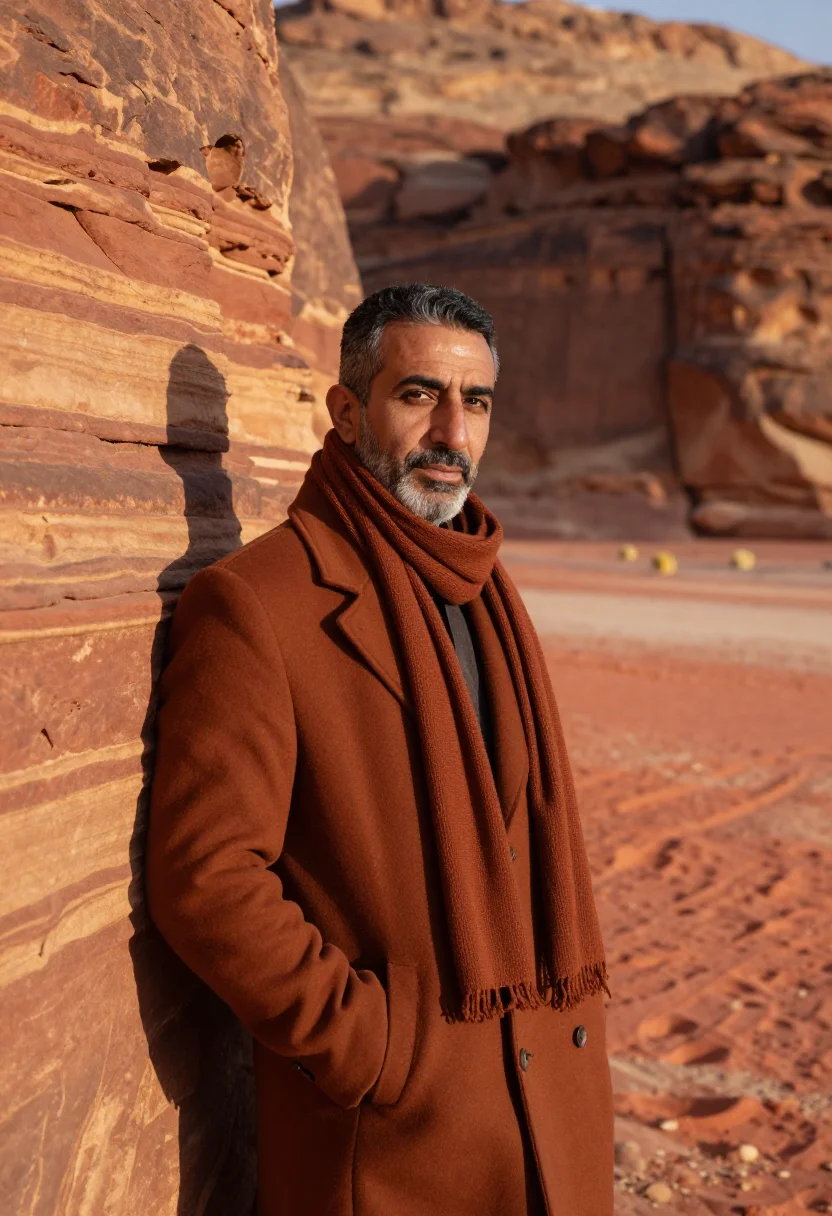 AI wadi rum january red sand sample — portrait of a man, framed half-length from the hips up, a me