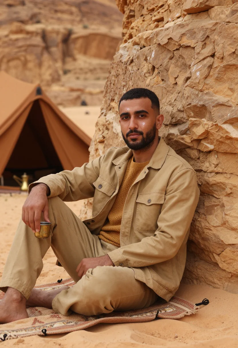 AI wadi rum sand sample — portrait of a man, a three-quarter-length view of a Jordania