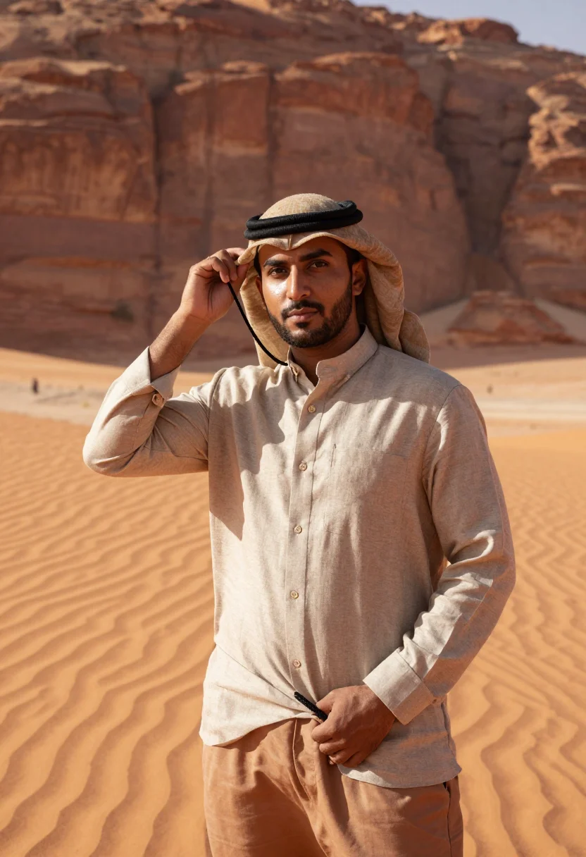 AI wadi rum sand sample — portrait of a man, a half-length view of a Jordanian man in