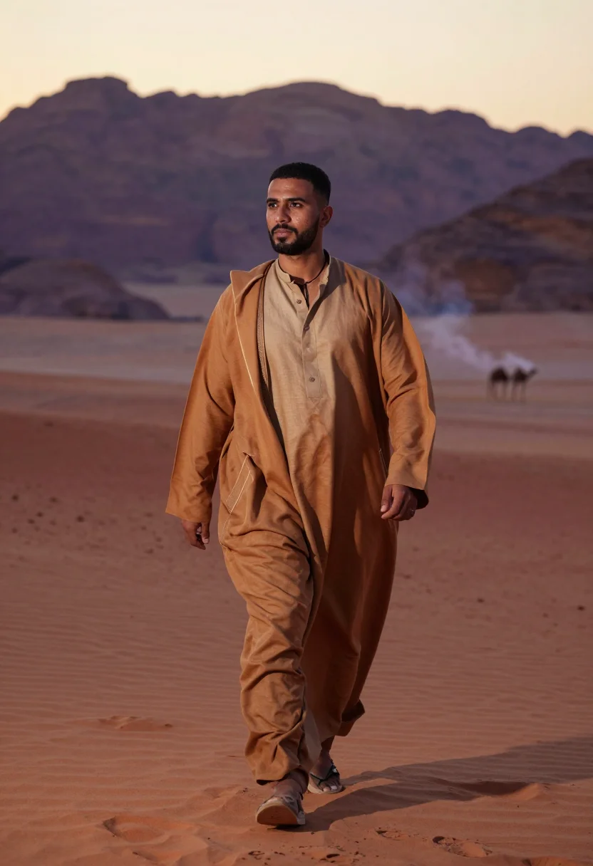 AI wadi rum sand sample — portrait of a man, a full-length three-quarter view of a Jor