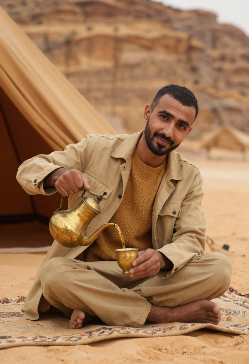 AI wadi rum sand sample — portrait of a man, a half-length view of a Jordanian man in