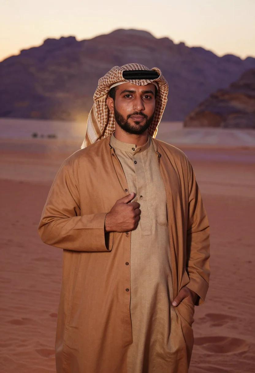AI wadi rum sand sample — portrait of a man, a half-length view of a Jordanian man in