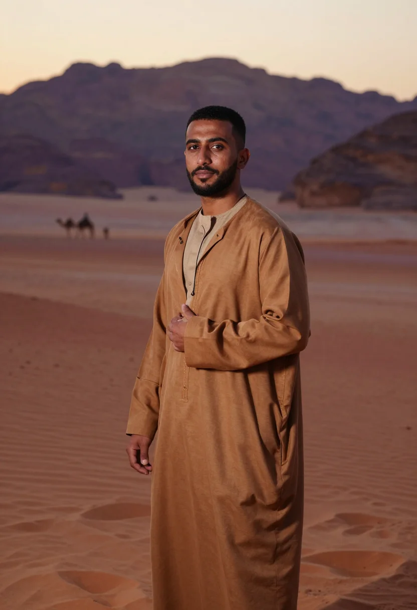 AI wadi rum sand sample — portrait of a man, a three-quarter-length view of a Jordania