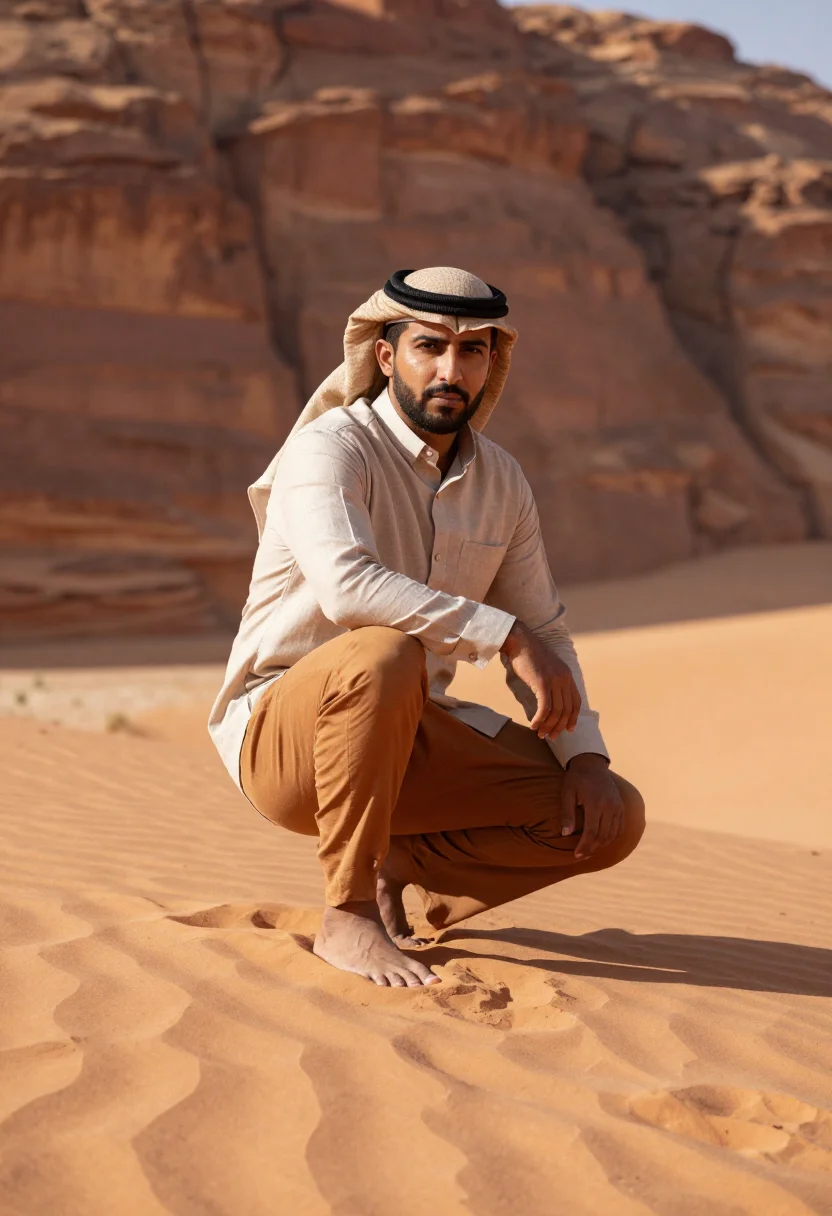 AI wadi rum sand sample — portrait of a man, a three-quarter-length view of a Jordania