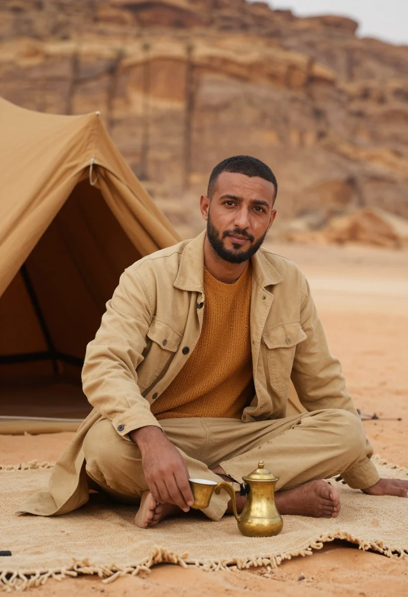 AI wadi rum sand sample — portrait of a man, a three-quarter-length view from slightly