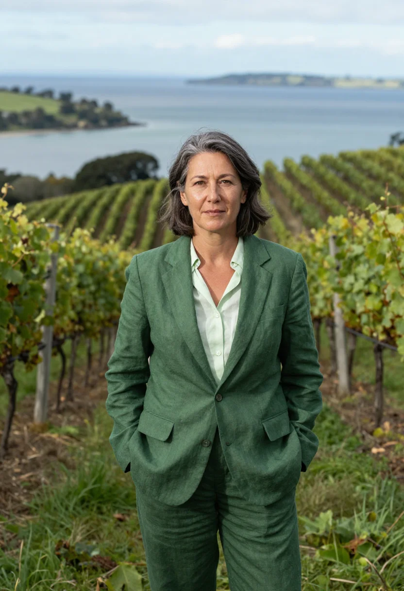 AI waiheke vintner vine green sea sample — portrait of a woman, a vintner in her early fifties with oli