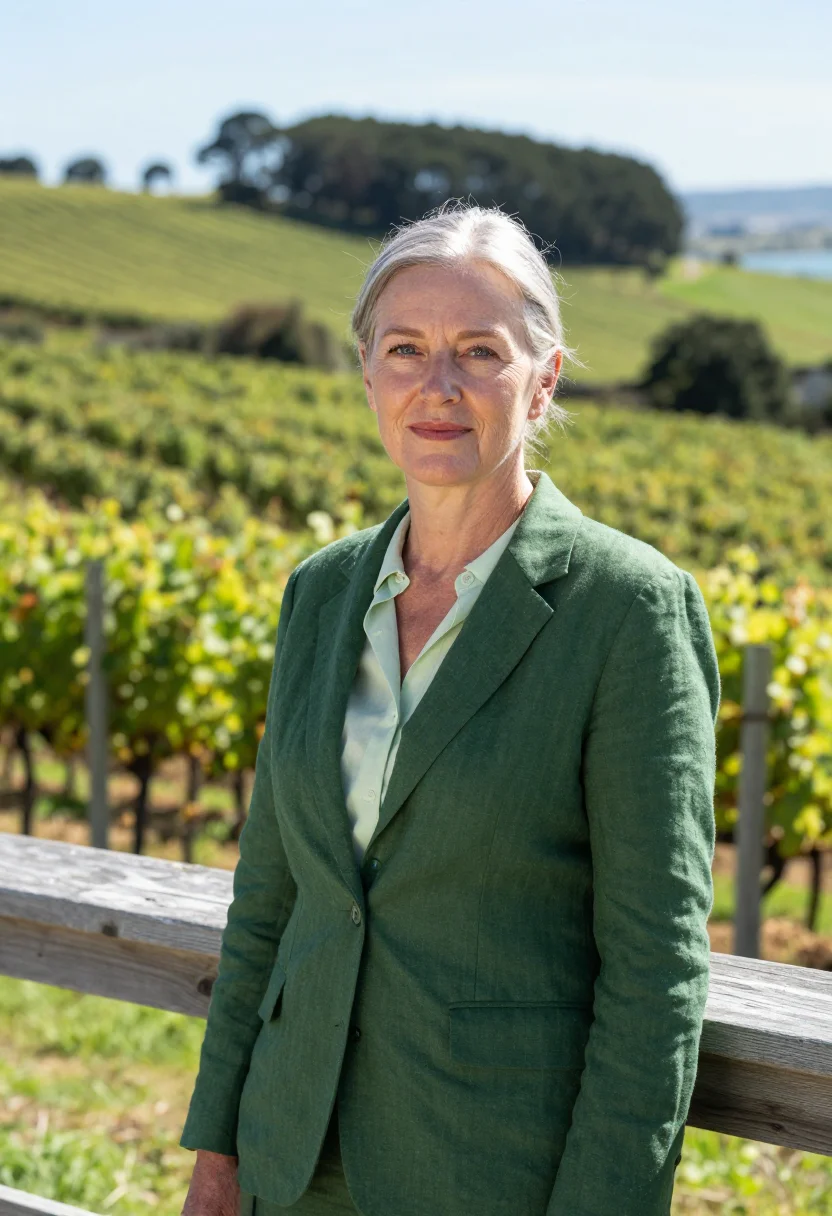 AI waiheke vintner vine green sea sample — portrait of a woman, a vintner in her fifties with fair skin