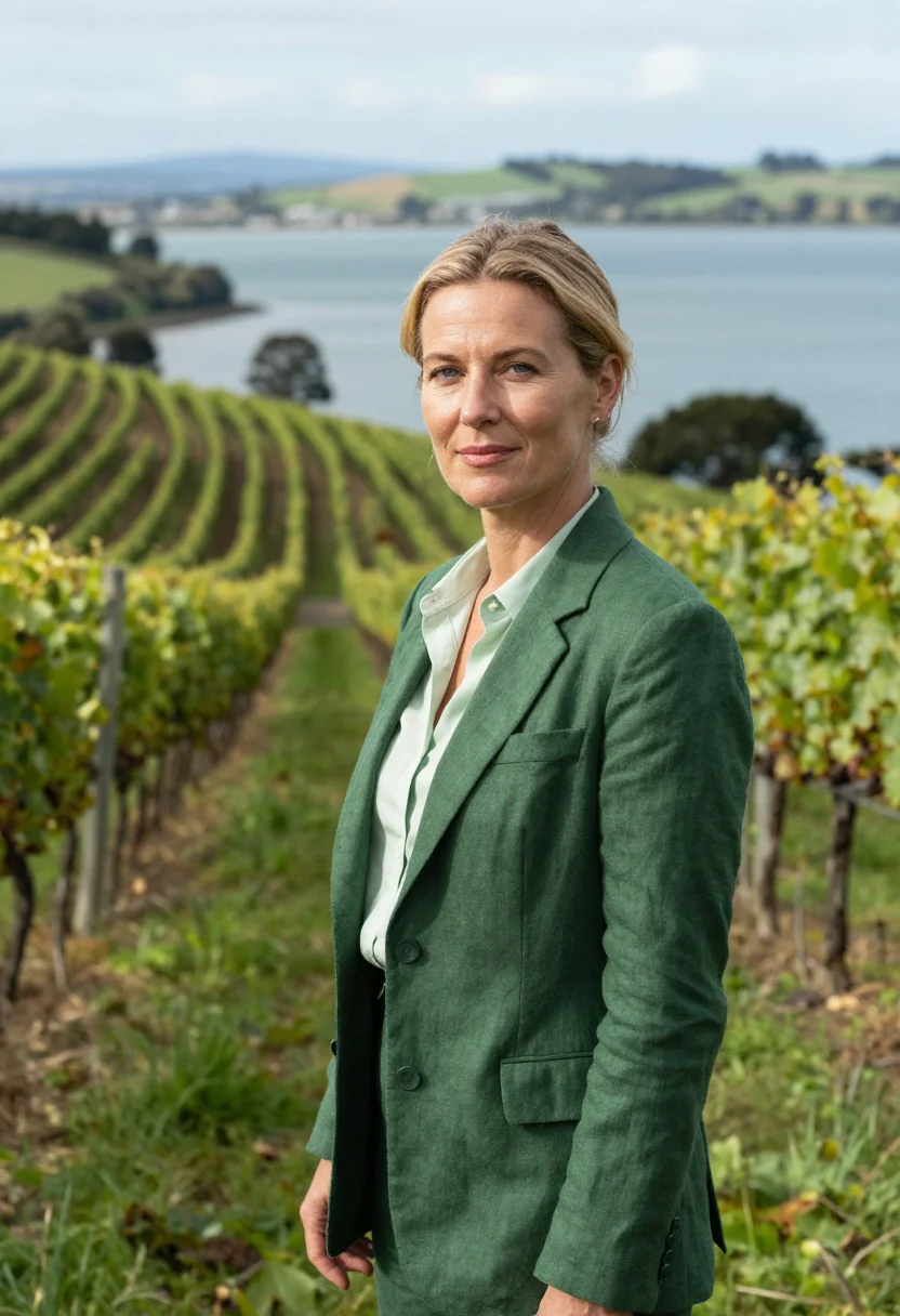 AI waiheke vintner vine green sea sample — portrait of a woman, a vintner in her late thirties with fai