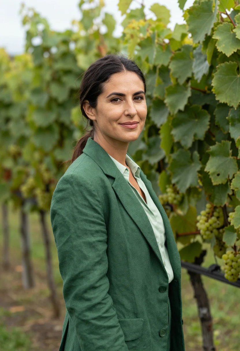 AI waiheke vintner vine green sea sample — portrait of a woman, a vintner in her mid-thirties with warm