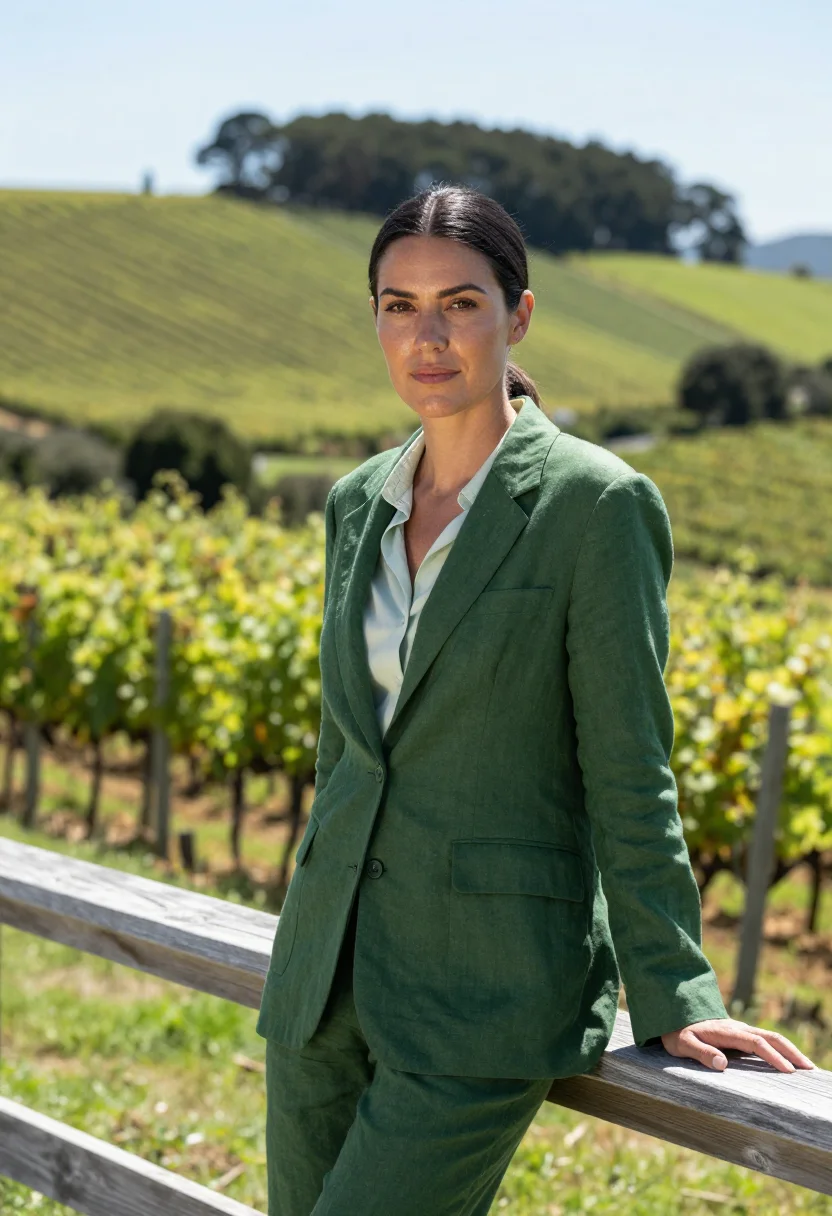 AI waiheke vintner vine green sea sample — portrait of a woman, a vintner in her late thirties with gol