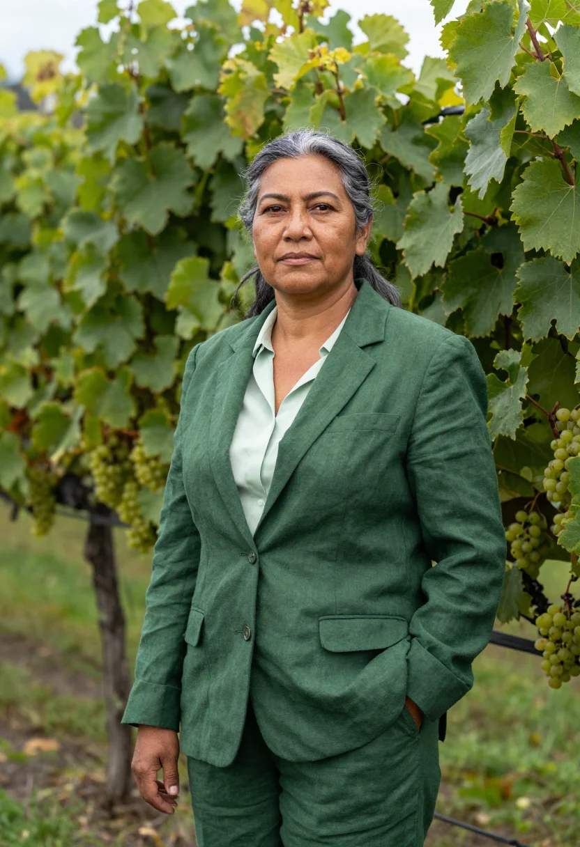AI waiheke vintner vine green sea sample — portrait of a woman, a Māori vintner in her late forties wit