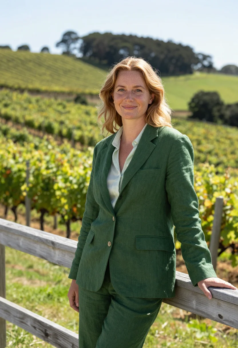 AI waiheke vintner vine green sea sample — portrait of a woman, a vintner in her early forties with rud