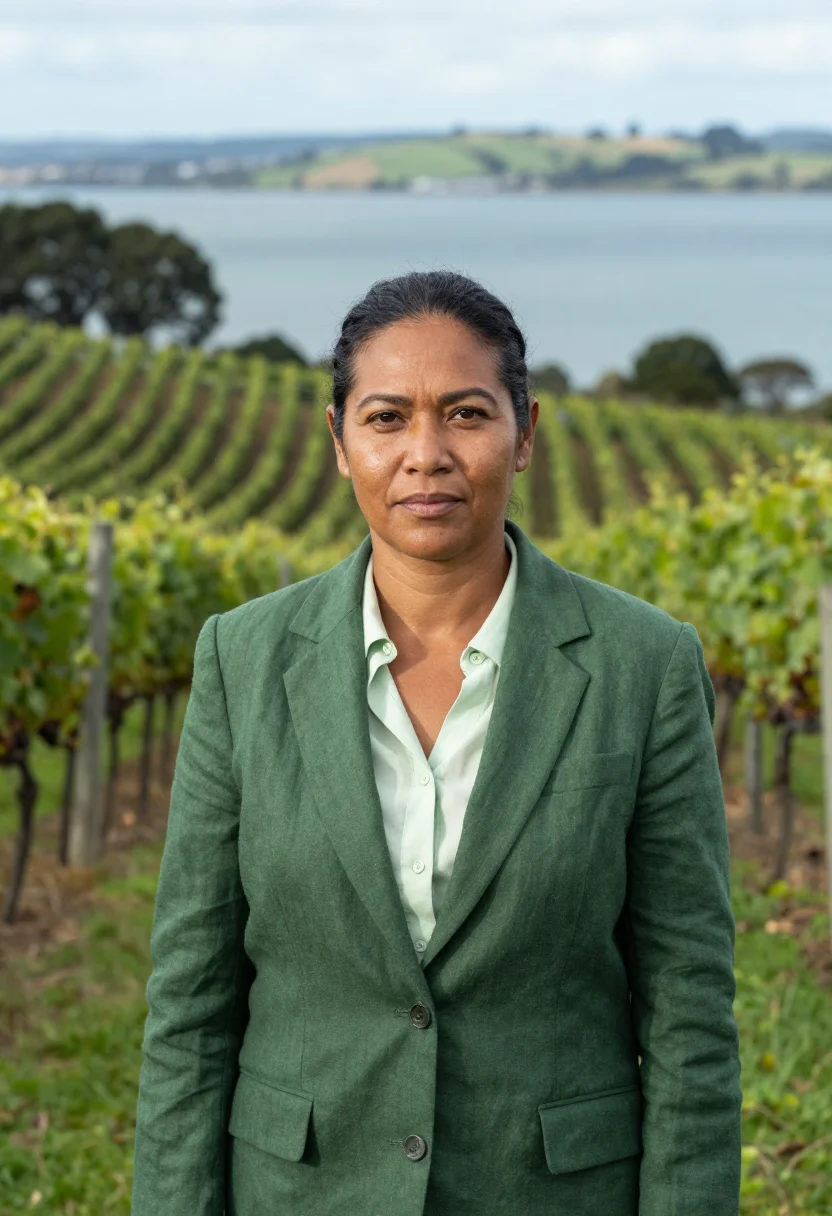 AI waiheke vintner vine green sea sample — portrait of a woman, a Tongan vintner in her mid-forties wit