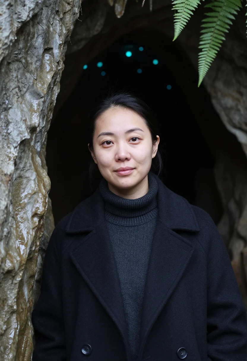 AI waitomo cave biologist glow blue black sample — portrait of a woman, a cave biologist in her mid-thirties of